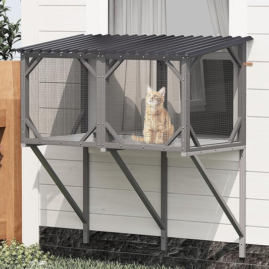 Cat Window Perch, Cat Catio for Large Indoor Cats, Outdoor Pet House Weatherproof, Catio Outdoor Enclosure, Space-Saving Pet Furniture for Window Naps and Sunbathing (Black+ Gray, 43.3)