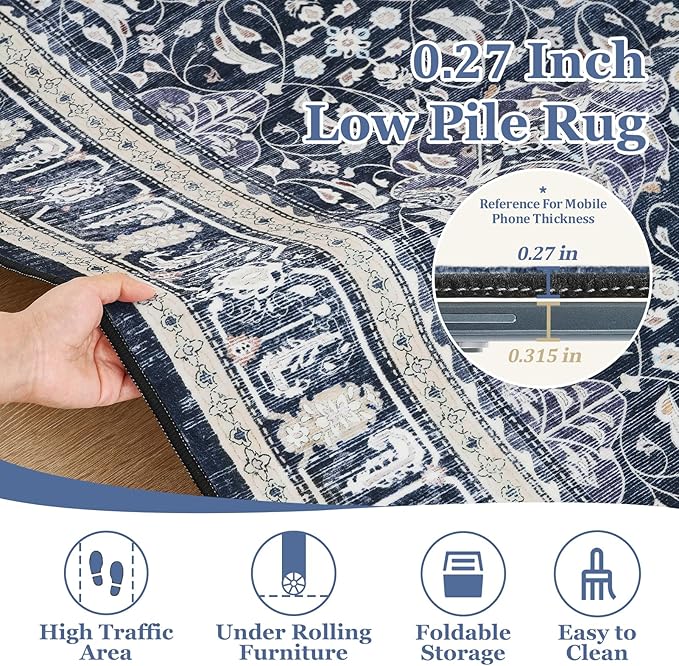 Dark Blue 2x7 Runner Rug Non Slip, Floral Trellis Entryway Rugs for Inside House Mudroom, Kitchen Runner Rugs Non Skid Washable, Carpet Runner for Bathroom Laundry Room Bedroom Farmhouse