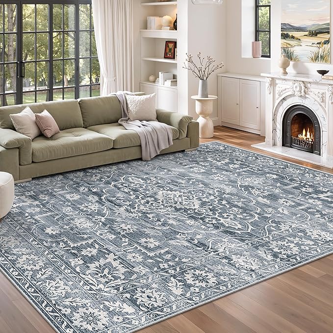 5x7 Area Rugs for Living Room, Washable Vintage Floral Non-Slip Low Pile Natural Rug Soft Throw Carpet for Dining Room Bedroom Home Office Nursery (Blue, 5'x7')