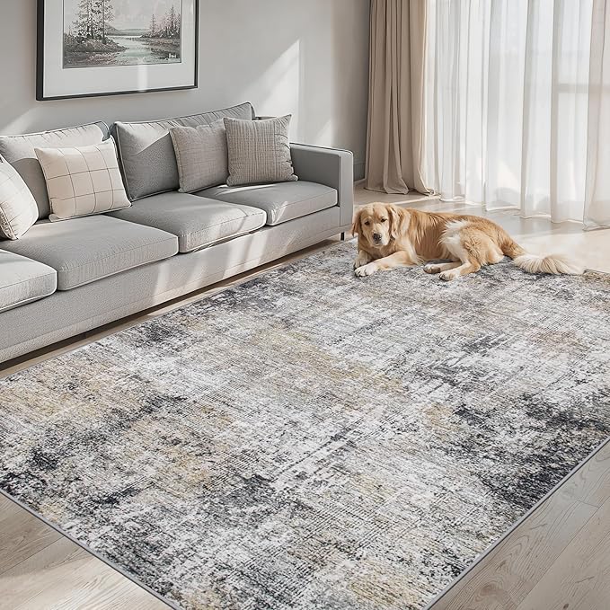 Area Rugs 10x12 Living Room - Washable Rug Modern Abstract Soft Large Neutral Non-Slip Carpet Indoor Floor Thin Carpets for Bedroom Dining Room Farmhouse Nursery Home Office Brown Black Grey