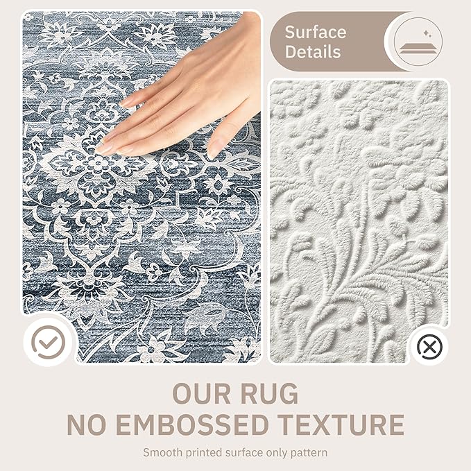 8x10 Washable Area Rugs for Living Room, Vintage Floral Stain Resistant Non-Slip Low Pile Natural Rug Soft Throw Large Carpet for Dining Room Bedroom Home Office (Blue, 8'x10')