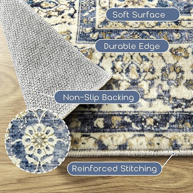 Large Area Rug for Living Room Vintage Blue Non Slip Washable Rugs 9x12 Neutral Boho Distressed Design Low Pile Stain Resistant Carpet for Bedroom Dining Room Office 9 x 12,Blue