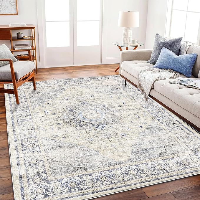 Area Rug 6'x9' Washable Floral Blue Vintage Traditional Floor Cover Thin Retro Kitchen Indoor Distressed Non Slip Carpet for Living Room Bedroom Dining Room