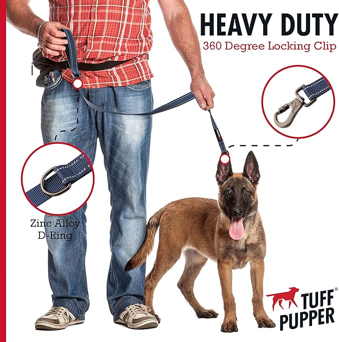 Tuff Pupper Heavy Duty Double Handle Leash | Twist Locking Carabiner Clip | Safety Lock for Strong Dogs | Reflective for Safe Night Walks | 6 Foot Leash | For Medium & Large Dogs
