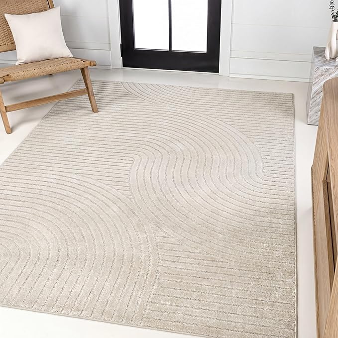 JONATHAN Y Hallie High-Low Curve Ivory/Cream Indoor/Outdoor Area Rug, 4x6, Minimalist, Pet Friendly, Non-Shedding, Stain Resistant, Hose-Washable for Backyard, Patio, Porch (SCN100B-4)