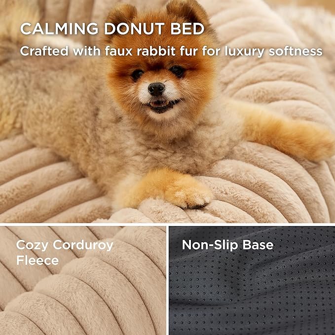 Bedsure ComfyFleece Donut Large Dog Bed - Washable Faux Fur with Corduroy Fleece & Anti Slip Bottom, Round Pet Bed with Removable Cover, Sandy Beige, 36x36x8 inches