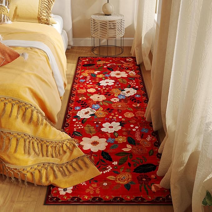 Rugcomf Runner Rug for Hallways Kitchen Rug Non Slip 2'6''x8' Washable Runner Rugs with Rubber Backing Soft Floral Carpet Runner for Hallways, Kitchen, Laundry, Bedroom, Bathroom(Red)