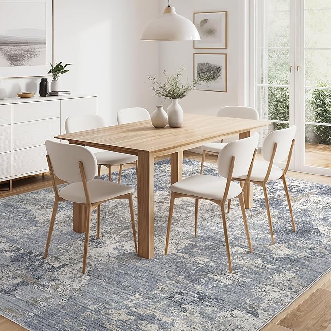 Area Rugs for Living Room: 5x7 Abstract Washable Rug Modern Neutral Large Soft Stain Resistant Non-Slip Backing Machine Table for Bedroom Dining Room Indoor Home Office Carpet - Light Denim Blue