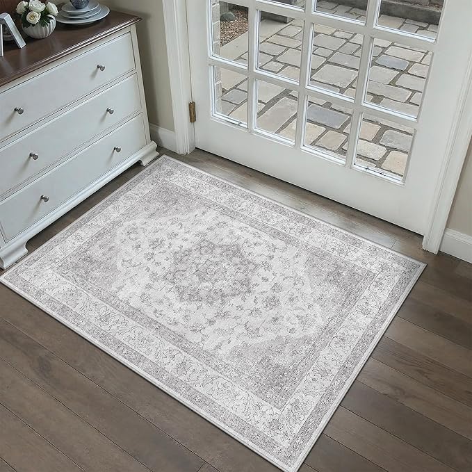 Grey Gray Area Rug 2x3 Washable Vintage Small Carpet for Entryway Kitchen Soft Retro Low Pile Thin Door Mat Non Slip Oriental Medallion Throw Rug for Bathroom Office Bedroom Dining Room