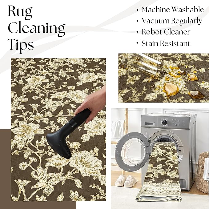 Brown Floral Print Area Rugs for Bedroom Living Room Boho Farmhouse Country Rustic Dining Room Carpet Soft Washable Rugs Non Slip Floor Covering for Nursery Playroom 5x8