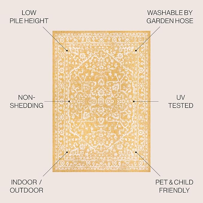 JONATHAN Y Boho Medallion Indoor Outdoor Area Rug 55X36.5 Yellow/Cream, Malta Textured Weave for Backyard, Patio, Porch, Easy-Cleaning, High Traffic, Pet-Friendly, Non-Shedding (SMB104G-3)