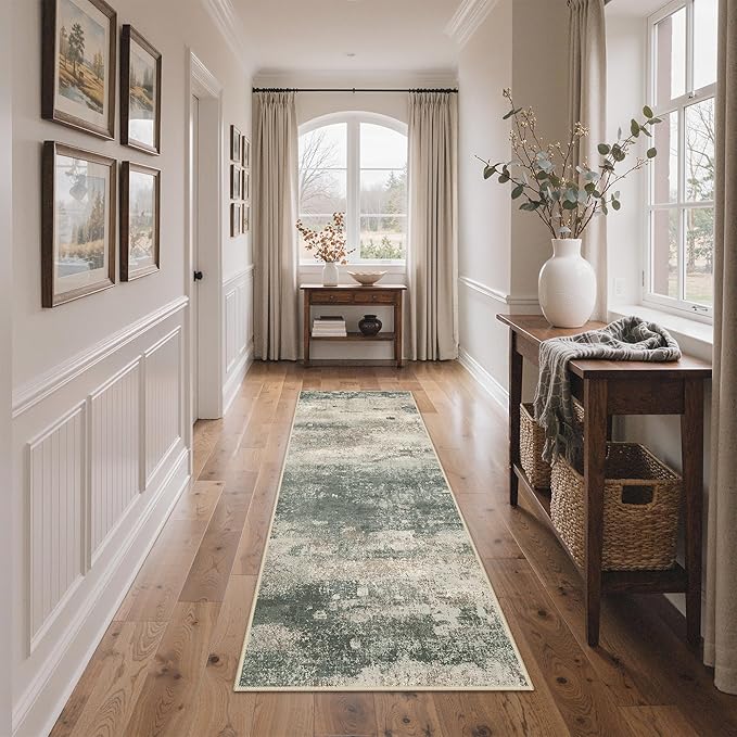 Runner Rug for Hallway Kitchen, 2'x6' Machine Washable Runners Rug for Entryway, Soft Modern Abstract Throw Rugs, Low Pile Floor Cover with Non Slip Backing, Grey/Dark Green