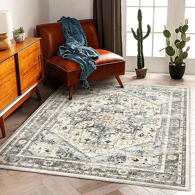 3'x5' Cyan Khaki Vintage Washable Thin Area Rug Traditional Floor Cover Foldable Indoor Distressed Non Slip Carpet Floral Print Mat Bedroom Living Room Bathroom