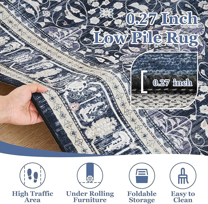 Dark Blue 5x7 Area Rugs for Living Room Bedroom, Transitional Boho Moroccan Floral Trellis Printed, Washable Non Slip Low Pile Ultra Thin Soft Carpet Rugs for Dining Room/Kitchen/Home Office