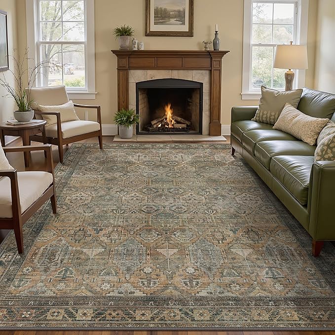 GENIMO 9x12 Area Rugs for Living Room, Machine Washable Non Slip Vintage Rugs, Low Pile Lightweight Chenille Print Rug for Bedroom, Dining Room, Home Office, Warm Taupe