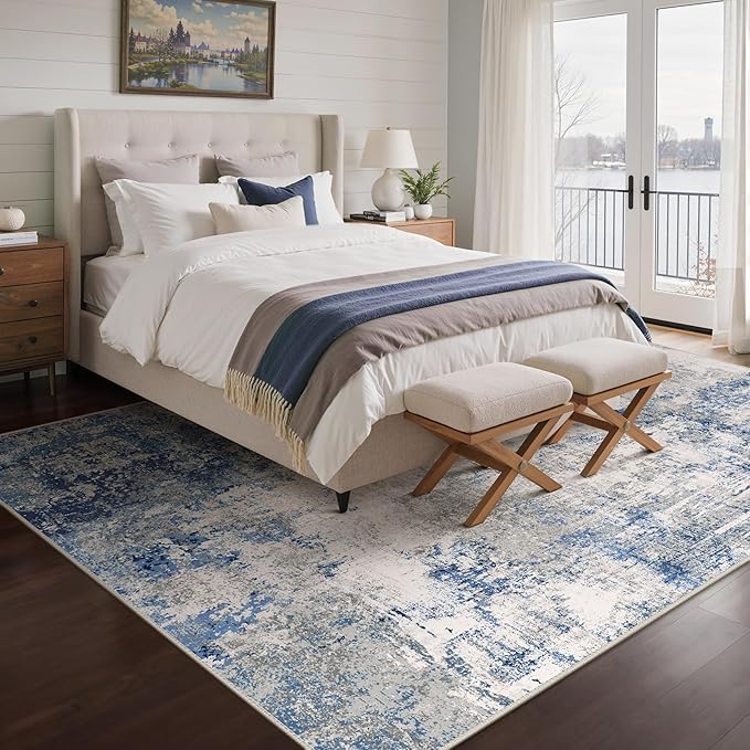 Area Rugs 5x7 for Living Room Bedroom, Modern Abstract Machine Washable Rug, Large Soft Low Pile Floor Carpet with Non Slip Backing for Dining Room, Blue