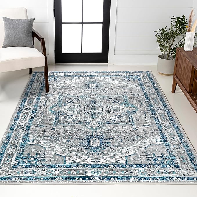 JONATHAN Y Modern Vintage Medallion Blue/Light Gray Indoor Area Rug, 8x10, Country, Floral, Easy-Cleaning for Living Room, Bedroom, Kitchen, Pet Friendly, Non-Shedding (MDP106A-8)