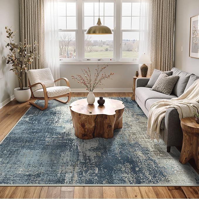 Area Rugs 8x10 for Living Room Bedroom, Modern Abstract Machine Washable Rug, Large Soft Low Pile Floor Carpet with Non Slip Backing for Dining Room, Slate Blue