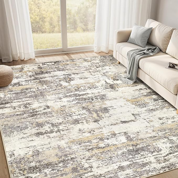 Area Rugs for Living Room: Abstract Washable Rug Large Soft Stain Resistant Non-Slip Backing for Bedroom Dining Room Indoor Home Office Carpet for Kids Pet Friendly Families - 7x9 Gold Brown