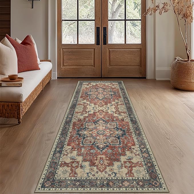 GENIMO 2x5 Runner Rugs for Hallway, Machine Washable Non Slip Vintage Rugs, Low Pile Lightweight Soft Print Rug for enrtyway, Corridor, Home Office, Kitchen, Bordeaux