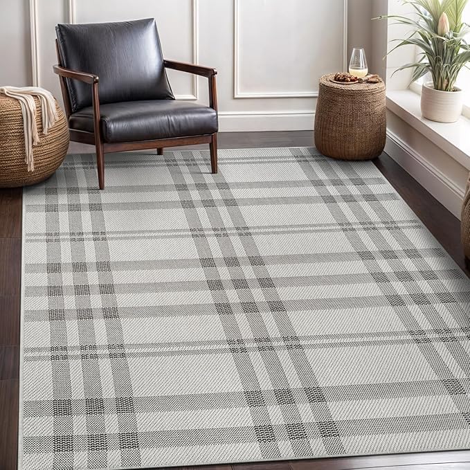 CAMILSON Easy Jute Rug 6x9, Indoor Outdoor Off-White Color Fiber Area Rugs for Entry, Living Room and Farmhouse Rug, Checkred Boho Woven Design, Easy-Cleaning, Washable Outside Carpet (6 x 9)