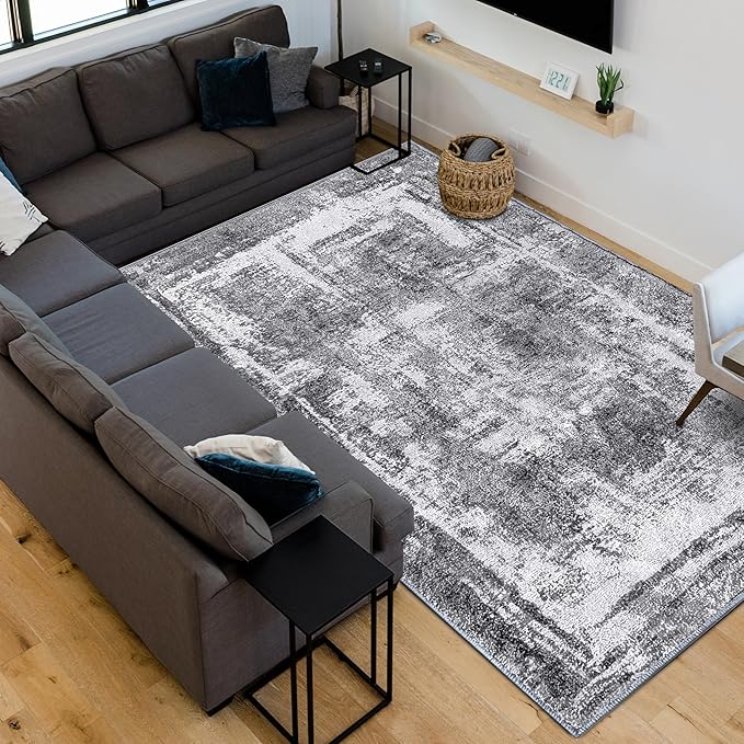 Hudson Comfort 10x12 Area Rug - Faux Cashmere Living Room Carpet - Machine Washable Area Rugs with Anti-Slip TPR Back - Super Soft 6mm Pile Height Pet-Friendly Rugs (Gray)