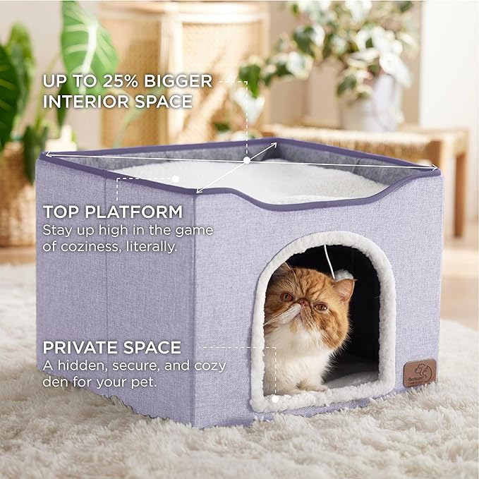 Bedsure Cat Beds for Indoor Cats - Large Cat Cave for Pet Cat House with Fluffy Ball Hanging and Scratch Pad, Foldable Cat Hideaway, 16.5x16.5x13 inches, Cloud Purple
