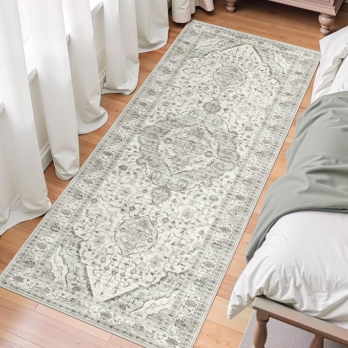 Runner Rug 2x5 Rug Boho Small Washable Area Rugs for Entryway Bathroom Kitchen, Hallway Runner Rugs Soft Low Pile Non-Slip Rubber Backing Oriental(Border Cream