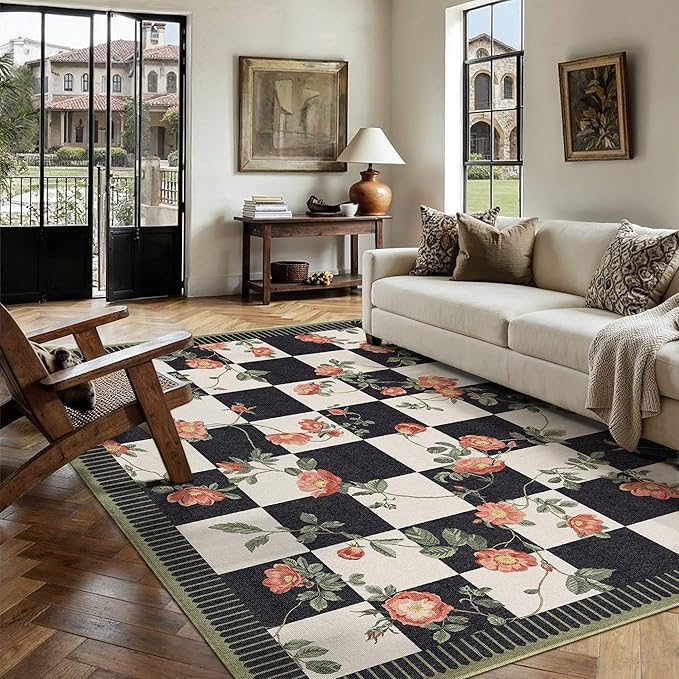 HUGEAR 6x9 Checkered Area Rugs Machine Washable Black and White Living Room Rug Floral Print Non-Slip Stain Resistant Low Pile Indoor Throw Carpet for Bedroom Home Unique Aesthetic Modern Decor