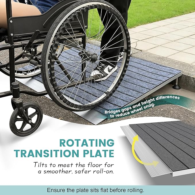 Threshold Ramps for Wheelchairs, Adjustable Height 3"–6.2" and 30"×36" Platform Aluminum Wheelchair Ramp, Door Threshold Ramps with a Non-Slip Thick Door Mat for Scooters, Power Chairs, Cart