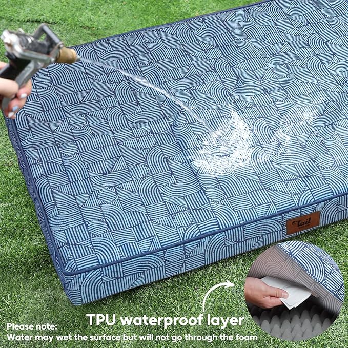 Outdoor Dog Bed for Small Dogs & Cats, Waterproof Dog Crate Mat Orthopedic Egg Crate Foam with Washable Removable Oxford Cover, White Blue