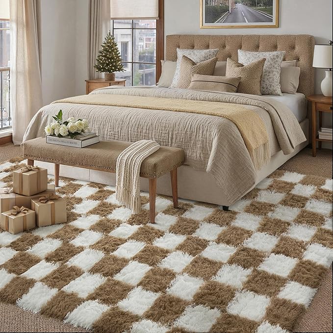 Checkered Rug 8x10 for Living Room, Brown and White Modern Shag Rugs Super Soft Washable Indoor Office Fuzzy Carpet Non-Slip Fluffy Rugs for Bedroom Home Aesthetic Decor