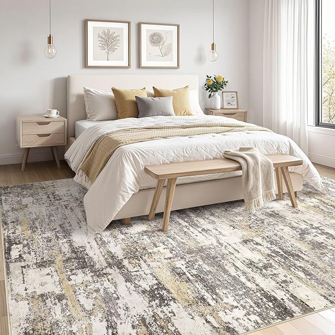 Area Rugs for Living Room: 6x8 Abstract Washable Rug Modern Neutral Large Soft Stain Resistant Non-Slip Backing Machine Table for Bedroom Dining Room Indoor Home Office Carpet - Gold Brown