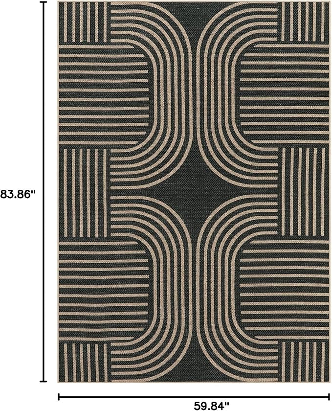 Lahome Modern Geometric Outdoor Easy Jute Rug, 5x7 Patio Living Room Rug Large Black Carpet for Bedroom, Farmhouse Washable Indoor Outdoor Carpet for Dining Room Backyard Deck