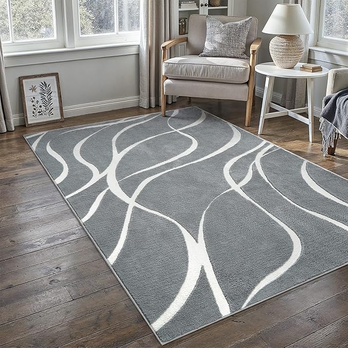 HUGEAR Shag Area Rug 4x6 Grey & Ivory Washable Living Room Bedroom Rug Non Slip Non-Shedding Soft Plush Medium Pile Large Throw Carpet for Home Office Aesthetic Modern Decor