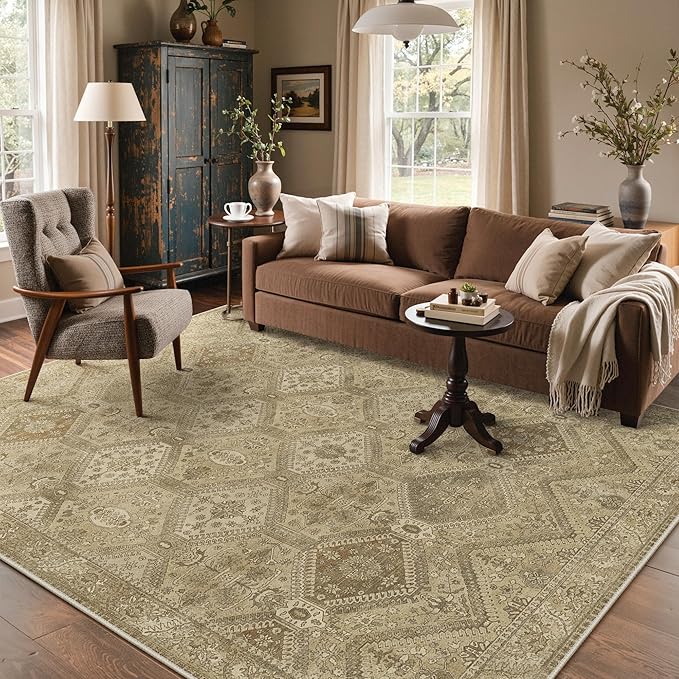 Bavni 9x12 Area Rug Washable Rug for Living Room Bedroom, Vintage Print Carpet, Low Pile Lightweight Mat with Non Slip Backing, Light Brown