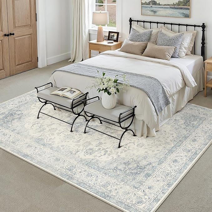 5x7 Blue Washable Vintage Area Rug for Living Room Bedroom Soft Tranditional Non Slip Large Throw Rug Lightweight Floral Low Pile Distressed Carpet Laundry Dining Room Playroom Office Nursery