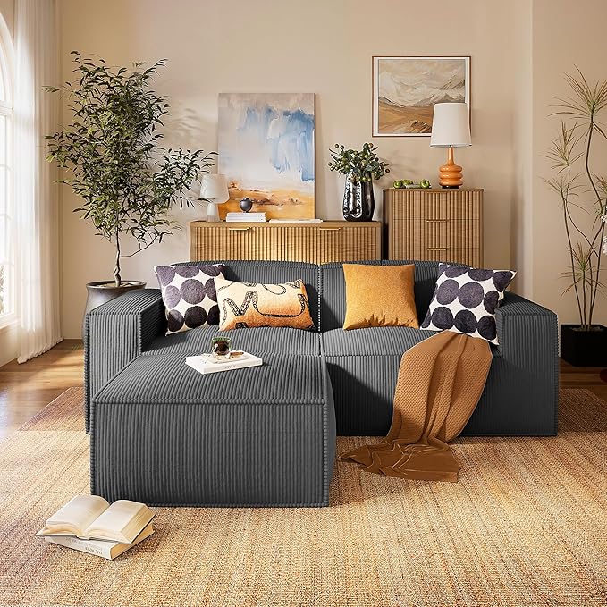 Marsail Modular Sectional Sofa, 80" L-Shaped Modular Sectional Couch with Deep Seat, Freely Combinable Sectional Cloud Sofa for Living Room, No Assembly, Plush Corduroy Fabric, Grey