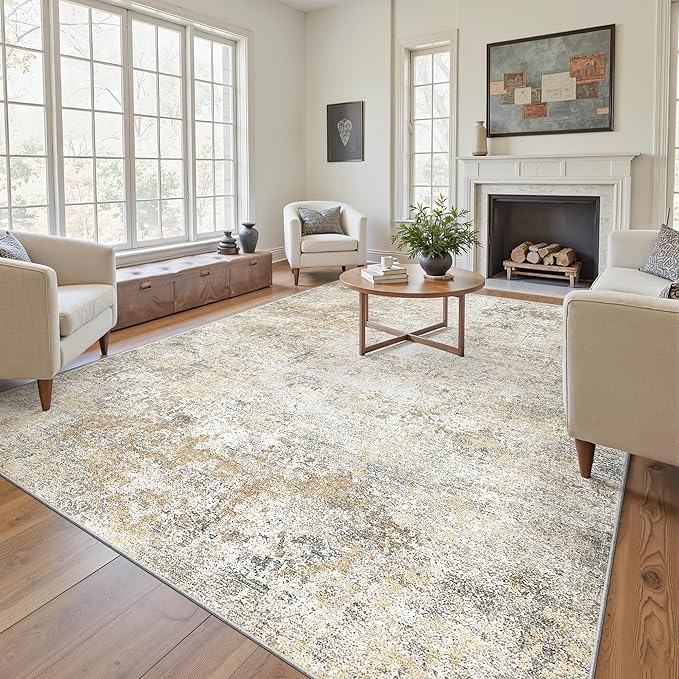 Art&Tuft Washable Rug, Anti-Slip Backing Abstract Area Rugs, Stain Resistant Rugs for Living Room, Foldable Machine Washable Area Rug(8'x10',Gold Grey)