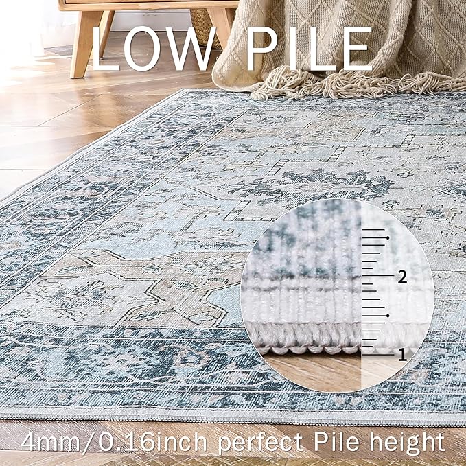 GENIMO 7'6''x9'6'' Area Rugs for Living Room, Machine Washable Non Slip Vintage Rugs, Low Pile Lightweight Chenille Print Rug for Bedroom, Dining Room, Home Office, Blue