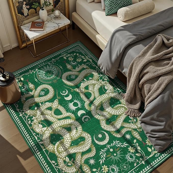 DCX Washable 3x5 Snake Rug, Green Gothic Rug for Living Room, Soft Low Pile Carpet, Kid & Pet Friendly with Rubber Back Non Slip, Stain Resistant Rug for Bedroom Dining Room Office