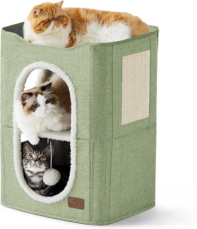 Bedsure 2 Story Cat House - Cat Condos for Indoor Cats with Scratch Pad and Fluffy Ball Hanging, Small Pet Cave Furniture Hideaway for Multi Pets, 18x14x23 inches, Green