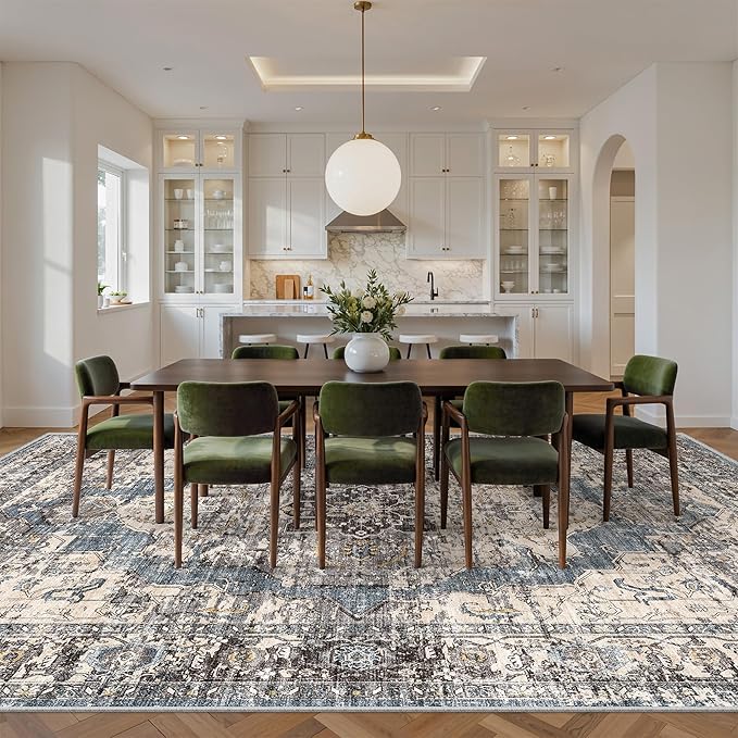 9x12 Area Rugs for Living Room,Ultra-Thin Washable Rug, Non-Slip Lightweight Foldable Area Rug, Stain Resistant Vintage Large Rugs(Blue/Black,9'x12')