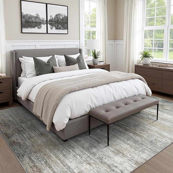 Area Rugs 6x9 for Living Room Bedroom, Modern Abstract Machine Washable Rug, Large Soft Low Pile Floor Cover with Non Slip Backing for Dining Room, Ash Gray Brown