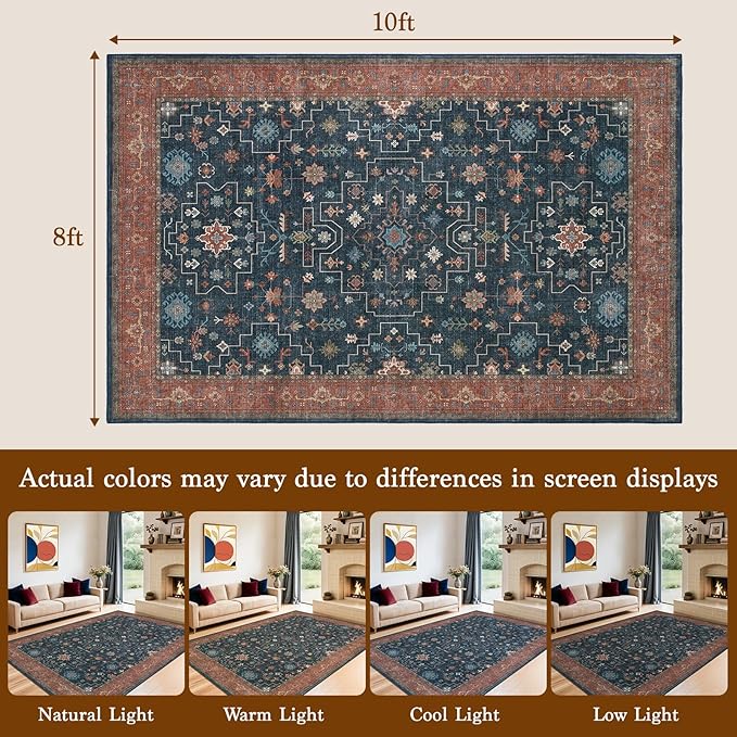 LBRO2M Vintage Washable Rugs 8X10 for Living Room Bedroom Office Farmhouse Non Slip Distressed Area Rugs Easy Clean, Stain Resistant Carpet Low Piles Great for Pets and Kids (8'X10' Distressed Blue)
