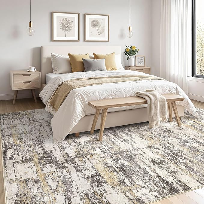 Area Rugs for Living Room: 9x12 Abstract Washable Rug Modern Neutral Large Soft Stain Resistant Non-Slip Backing Machine Table for Bedroom Dining Room Indoor Home Office Carpet - Gold Brown