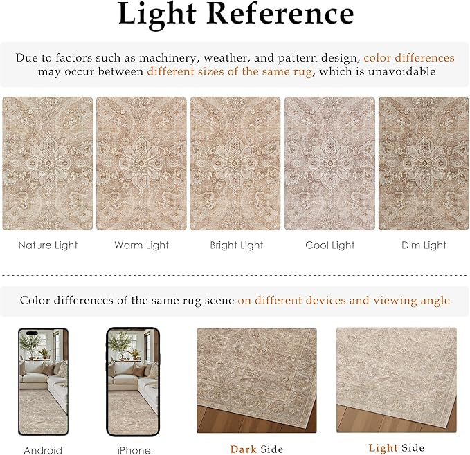 Brown 6x9 Area Rug Washable Vintage Living Room Carpet Bedroom Large Indoor Non Slip Soft Low Pile Thin Stain Resistant Distressed Accent Throw Rug for Dining Office Nursery