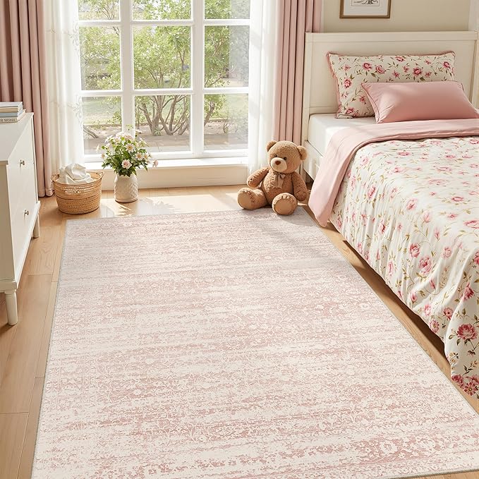 Pink 5x7 Area Rugs for Baby Girl Nursery, Washable Rugs Vintage Floral Non-Slip Low Pile Soft Throw Carpet for Living Room Dining Room Bedroom Kids Playroom (Pink, 5'x7')