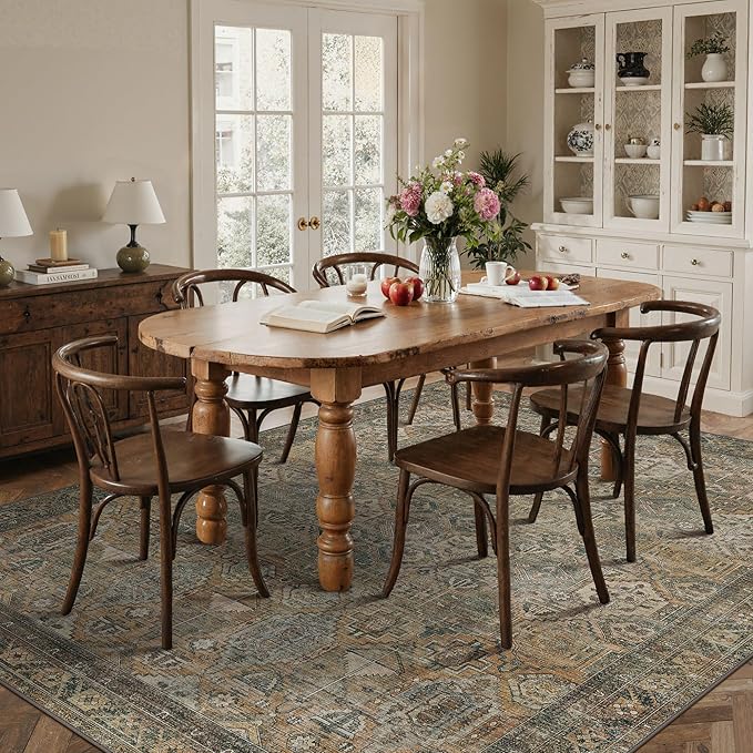 GENIMO 6x9 Area Rugs for Living Room, Machine Washable Non Slip Vintage Rugs, Low Pile Lightweight Chenille Print Rug for Bedroom, Dining Room, Home Office, Warm Taupe