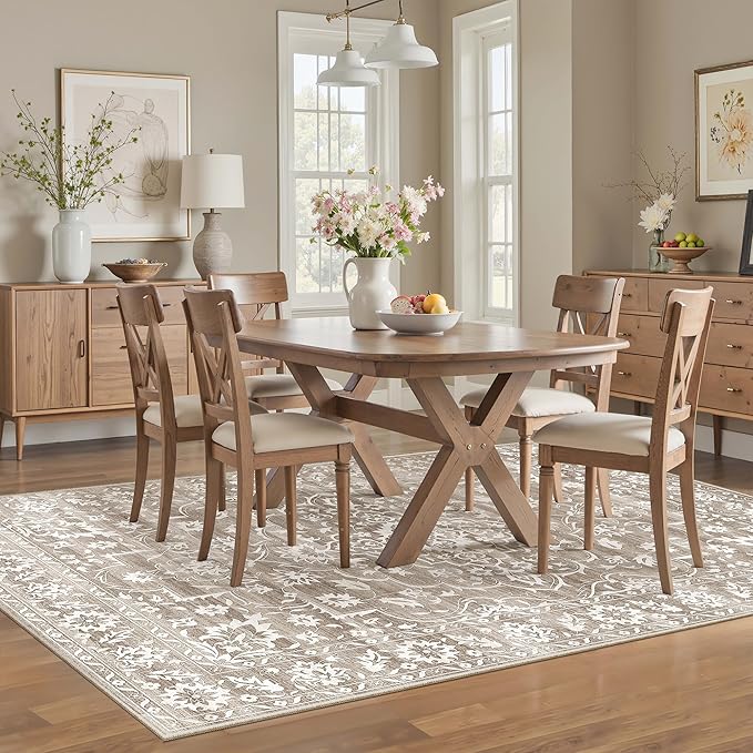 5x7 Area Rugs for Living Room, Washable Vintage Floral Non-Slip Low Pile Natural Rug Soft Throw Carpet for Dining Room Bedroom Home Office Nursery (Light Brown, 5'x7')